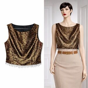 NEW Vintage Ronnie Nichole Leopard Shimmer Sleeveless Top with beaded fringe